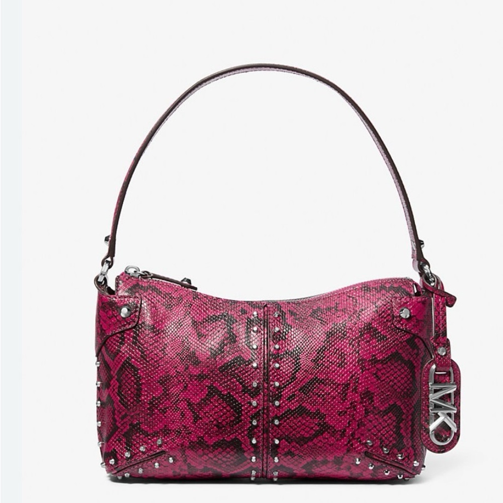 Michael Kors Fuchsia Astor Large Studded Snake Embossed Leather Shoulder Bag